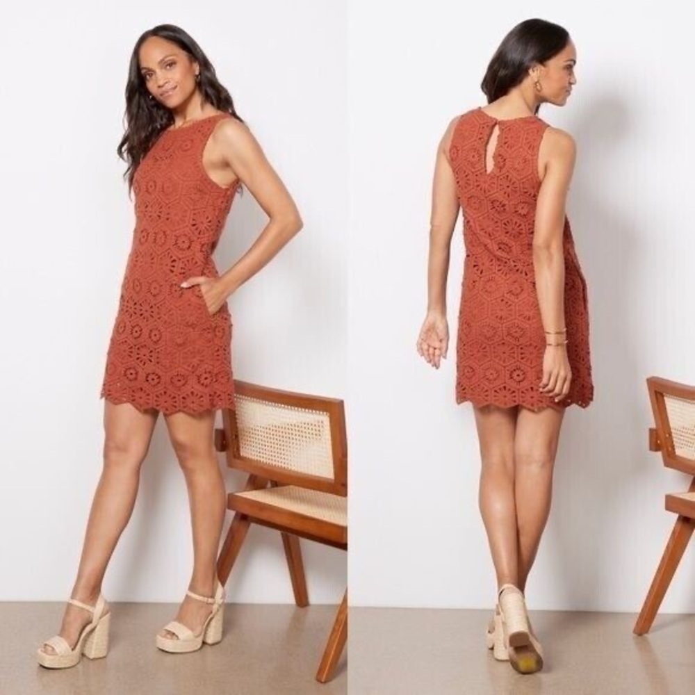 Evereve Brooklyn Crochet lace brown/burnt orange dress size medium M NWT